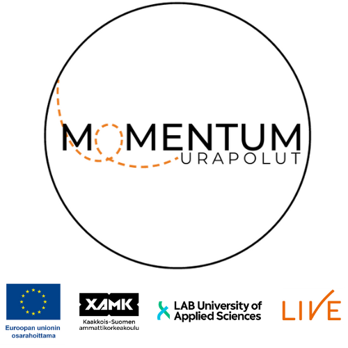 Momentum hankkeen logo, jossa valkoisella pohjalla hankkeen logo mustalla kirjoitettuna "Momentum urapolut", alla kuvassa kaikkien hankkeen osatoteuttajien logot: XAMK, LAB ja Live-säätiö sekä Euroopan union osarahoittama-logo