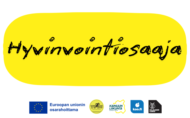 Hyvinvointiosaaja tekstit mustalla keltaisessa soikiossa. Alareunassa 5 logoa.