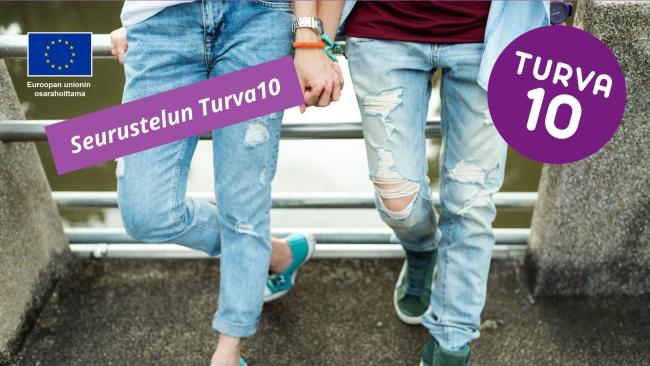 Kuvassa Turva10 logo, teksti Seurustelun Turva10 ja kuvituksena kaksi nuorta seisomassa.