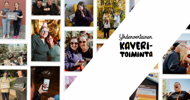 Kuvakollaasissa kuvia kaveripareista, teksti Yhdenvertainen kaveritoiminta. 