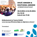 Digiä arkeen & Digitukea arkeen -hybriditilaisuuksista yhteismainos. Vasemmanyläkulman pyöreässä kuvassa ihmiset istuvat salissa ja katsovat tapahtuman esitystä. Kuva on otettu takaapäin.